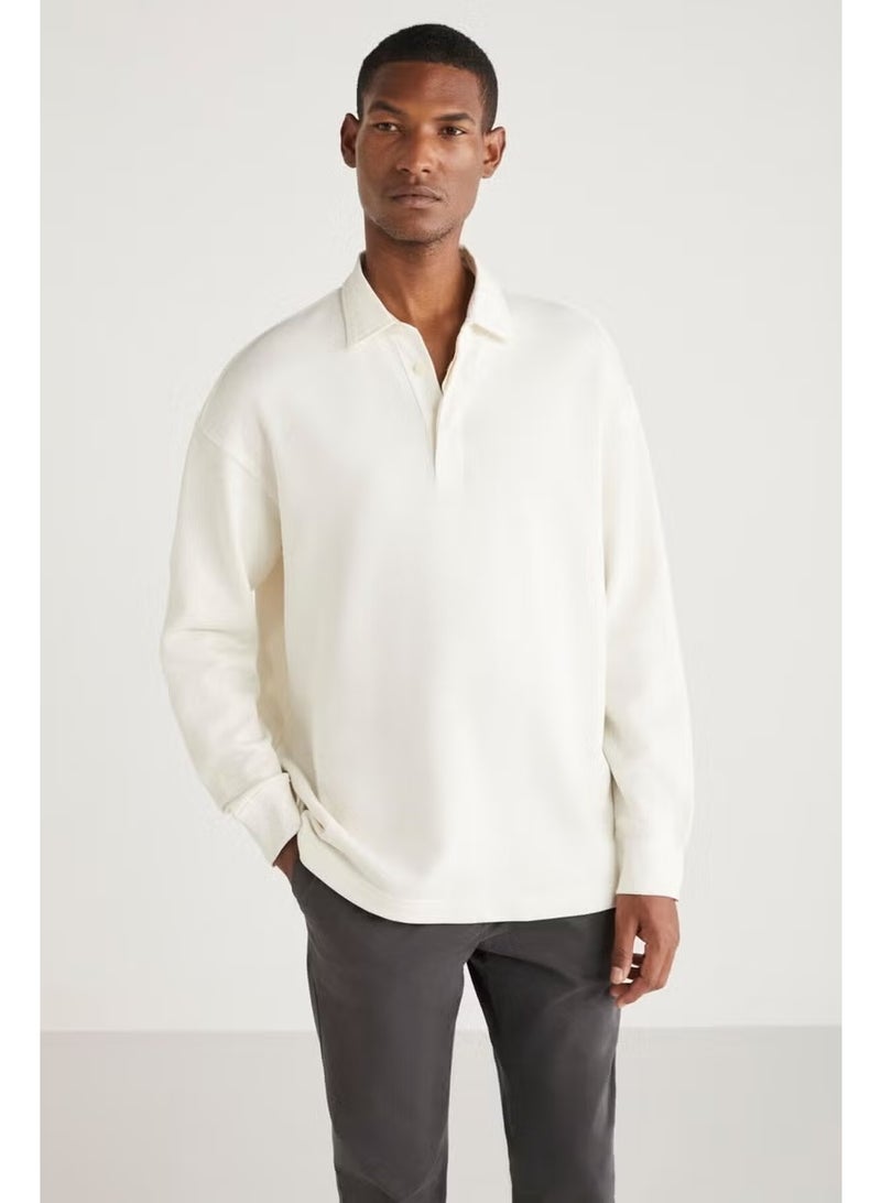 GRIMELANGE JOHN Men's Polo Sweat Shirt Collar Long Back Slit Diagonal Fabric Vanilla Sweatshirt - Image 1